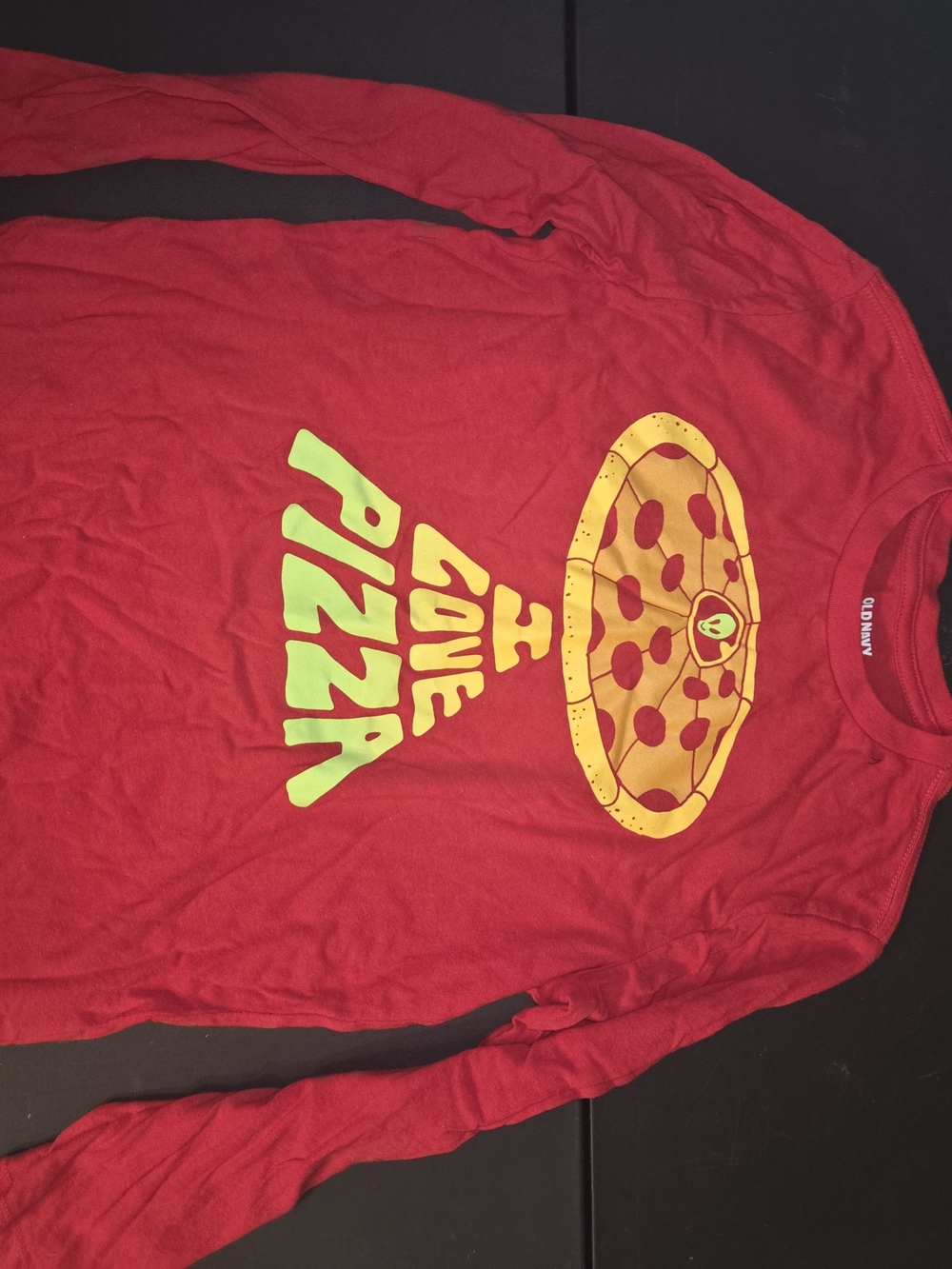 Old Navy Red Long Sleeve Kids Tee with Yellow Pizza Graphic and Lime Green Text